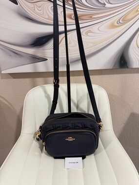 Coach Court Pebbled Leather Gold-Tone Crossbody Camera Bag with Ruching